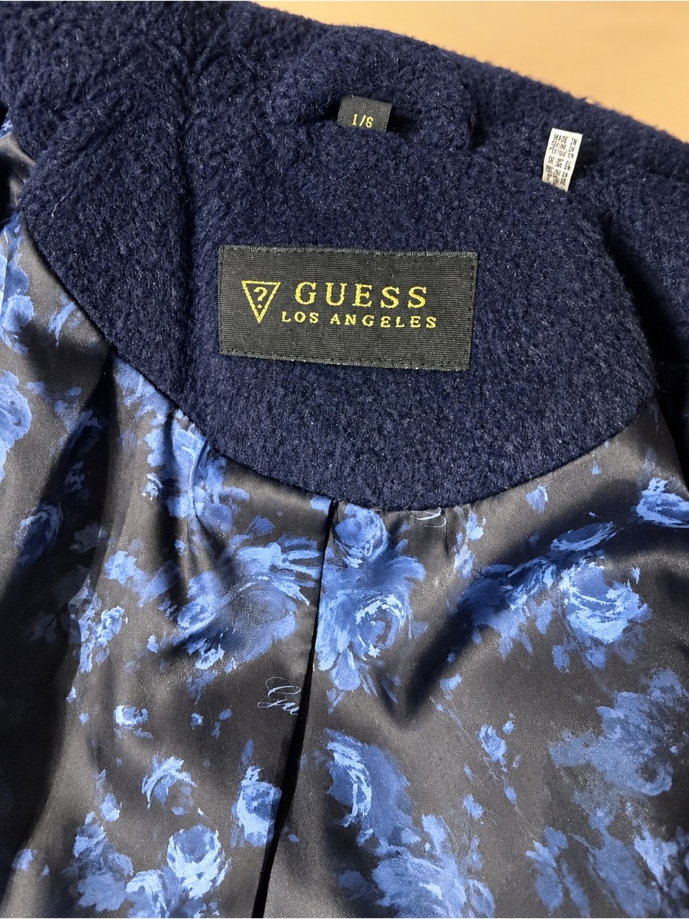 GUESS Navy Wool-Blend Peacoat with Gold Logo Buttons